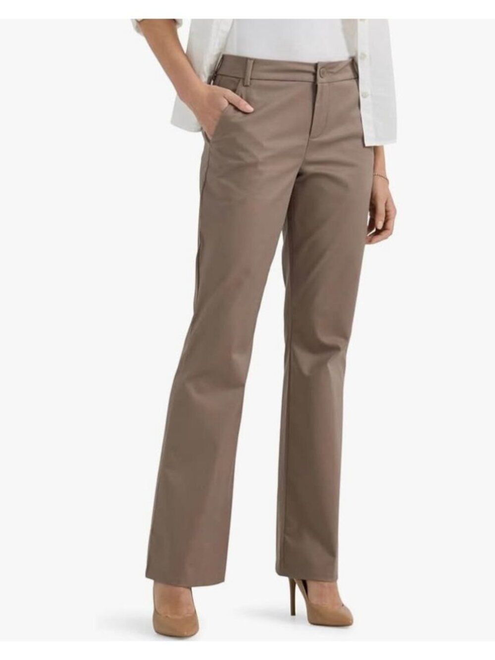 NWT Lee Womens Wrinkle Free Mid Rise Bootcut Pants sz 2 M Tan Beige